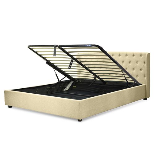 Lit Coffre Naples Avec Tête De Lit Capitonnée 180x200 Cm - Grand Espace De Stockage - Tissu - Sable