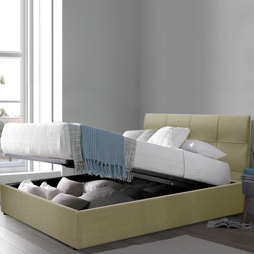 Lit Coffre 160x200 Cm Macao Avec Tête De Lit - Espace De Stockage Jusqu'à 900 L - Tissu Sable