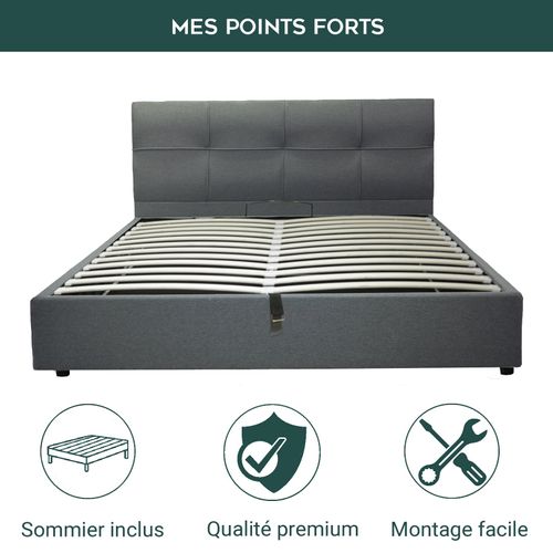 Lit Coffre XXL Deluxe Gris Clair 180 X 200 Cm - Tissu Et Sommier à Lattes