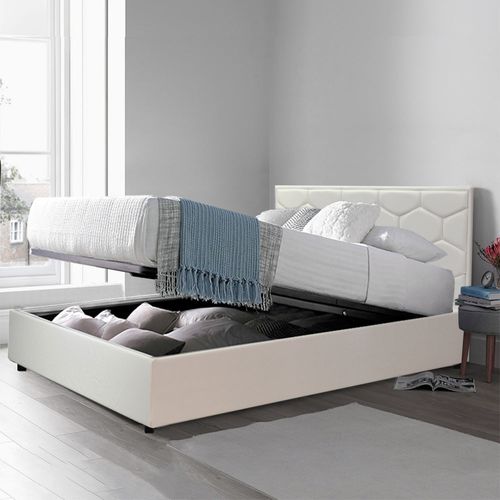 Lit Coffre Clémentine Avec Tête De Lit 90x190 Cm- Grand Espace De Stockage - Simili Cuir - Blanc