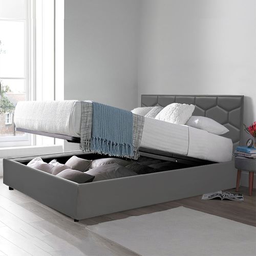 Lit Coffre Clémentine Avec Tête De Lit 90x190 Cm- Grand Espace De Stockage - Simili Cuir - Gris