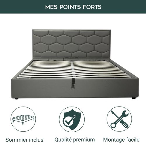 Lit Coffre Clémentine Avec Tête De Lit 90x190 Cm- Grand Espace De Stockage - Simili Cuir - Gris