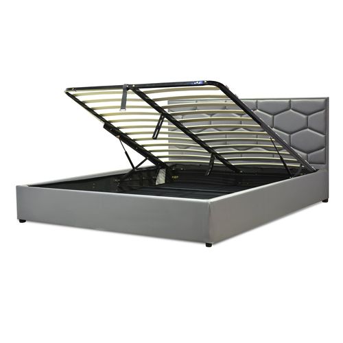 Lit Coffre Clémentine Avec Tête De Lit 90x190 Cm- Grand Espace De Stockage - Simili Cuir - Gris