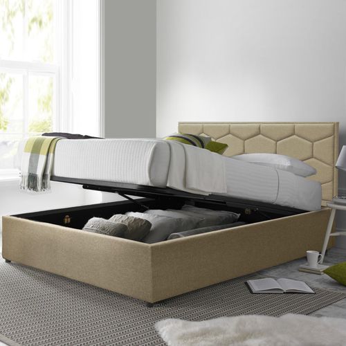 Lit Coffre Clémentine Avec Tête De Lit 90x190 Cm- Grand Espace De Stockage - Tissu - Sable