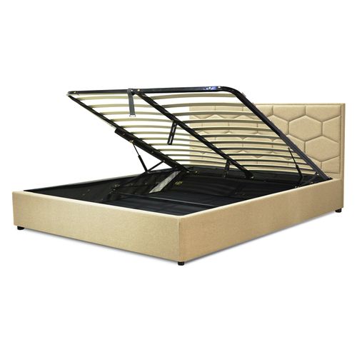 Lit Coffre Clémentine Avec Tête De Lit 90x190 Cm- Grand Espace De Stockage - Tissu - Sable