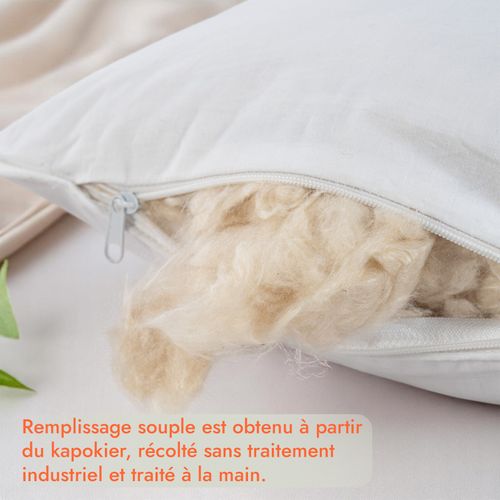 Oreiller Kapok 60 X 60 Cm : Ultra Moelleux, Résistant Et Respirant - Organique - Housse En Coton