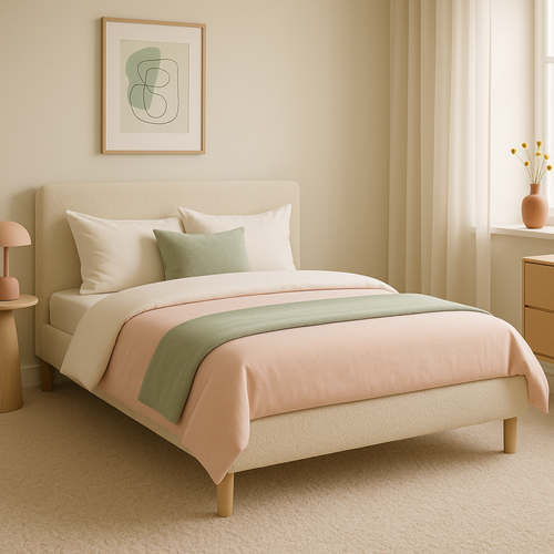 Lit  140x190cm Tissu Bouclette Sable - Montage Rapide - Sommier + Tête De Lit