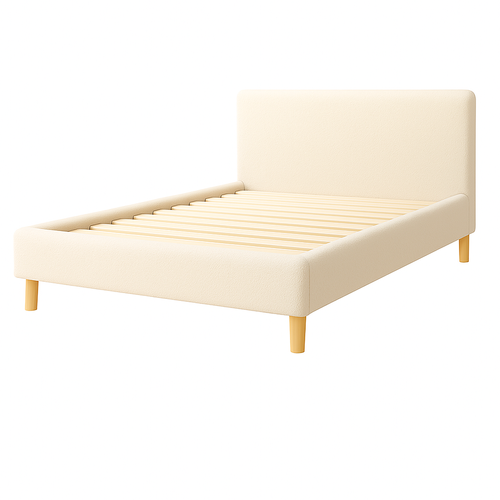 Lit  140x190cm Tissu Bouclette Sable - Montage Rapide - Sommier + Tête De Lit