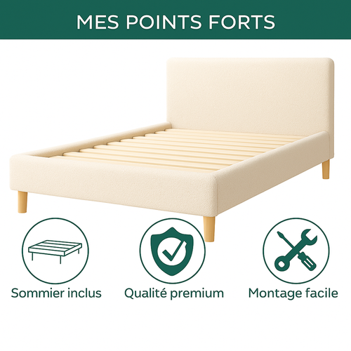 Lit  90x190cm Tissu Bouclette Sable - Montage Rapide - Sommier + Tête De Lit