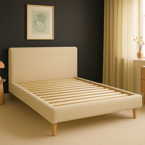 Lit  90x190cm Tissu Bouclette Sable - Montage Rapide - Sommier + Tête De Lit