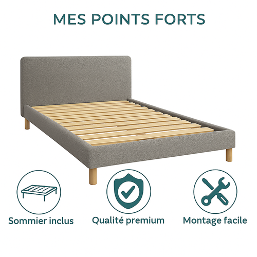 Lit 140x190cm Tissu Bouclette Gris - Montage Rapide - Sommier + Tête De Lit