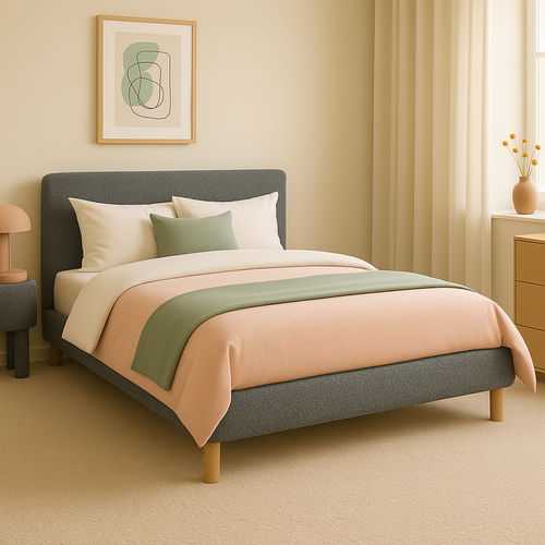 Lit 140x190cm Tissu Bouclette Gris - Montage Rapide - Sommier + Tête De Lit