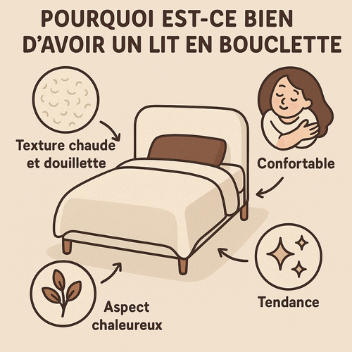 Lit 140x190cm Tissu Bouclette Gris - Montage Rapide - Sommier + Tête De Lit