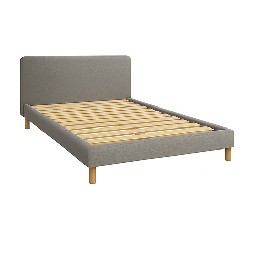 Lit 180x200cm Tissu Bouclette Gris - Montage Rapide - Sommier + Tête De Lit