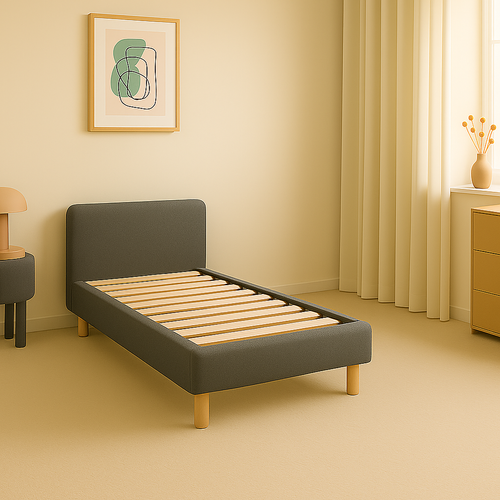 Lit 90x190cm Tissu Bouclette Gris - Montage Rapide - Sommier + Tête De Lit