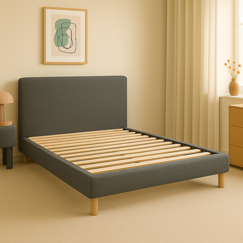 Lit 90x190cm Tissu Bouclette Gris - Montage Rapide - Sommier + Tête De Lit