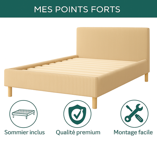 Lit  140x190cm Velours Cotelé Beige - Montage Rapide - Sommier + Tête De Lit