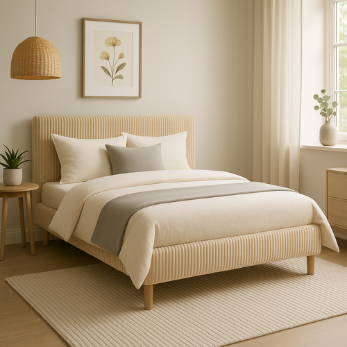 Lit  180x200cm Velours Cotelé Beige - Montage Rapide - Sommier + Tête De Lit