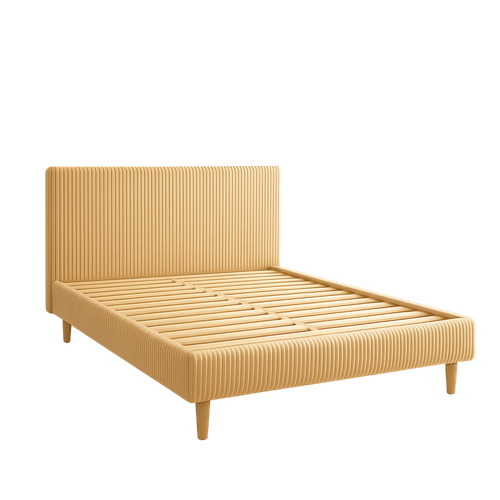 Lit  180x200cm Velours Cotelé Beige - Montage Rapide - Sommier + Tête De Lit