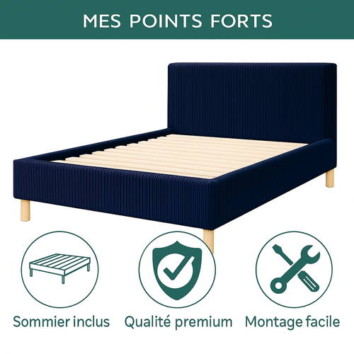 Lit  140x190cm Velours Cotelé Bleu - Montage Rapide - Sommier + Tête De Lit