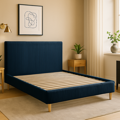 Lit  140x190cm Velours Cotelé Bleu - Montage Rapide - Sommier + Tête De Lit