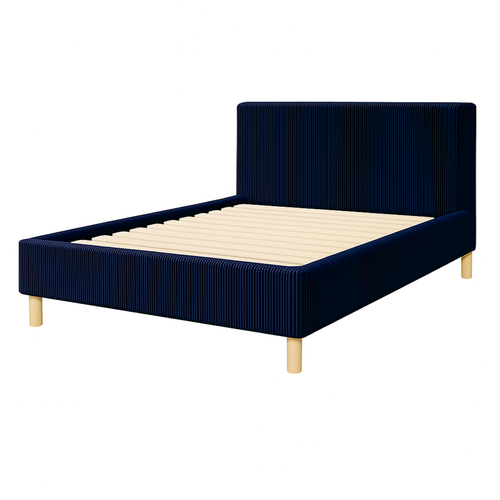 Lit  180x200cm Velours Cotelé Bleu - Montage Rapide - Sommier + Tête De Lit