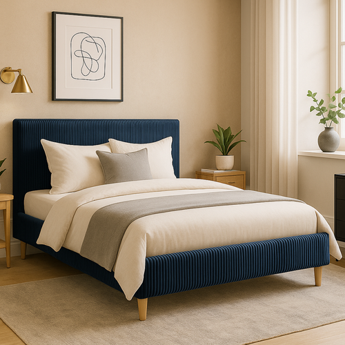 Lit 90x190cm Velours Cotelé Bleu - Montage Rapide - Sommier + Tête De Lit