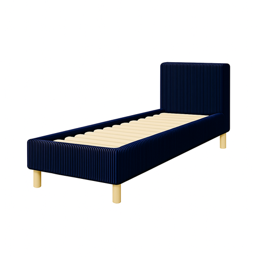 Lit 90x190cm Velours Cotelé Bleu - Montage Rapide - Sommier + Tête De Lit