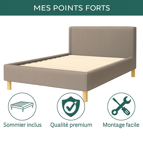 Lit 180x200cm Velours Cotelé Gris - Montage Rapide - Sommier + Tête De Lit