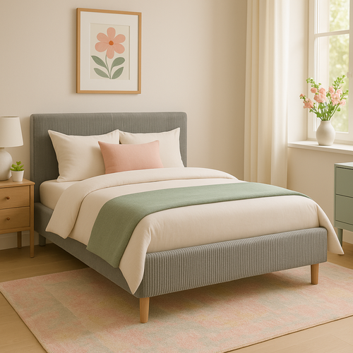 Lit  90x190cm Velours Cotelé Gris - Montage Rapide - Sommier + Tête De Lit