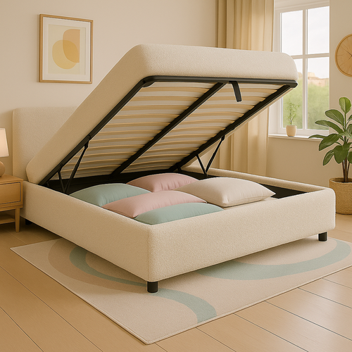 Lit Coffre 140x190cm Tissu Bouclette Sable - Espace De Rangement XXL - Sommier + Tête De Lit