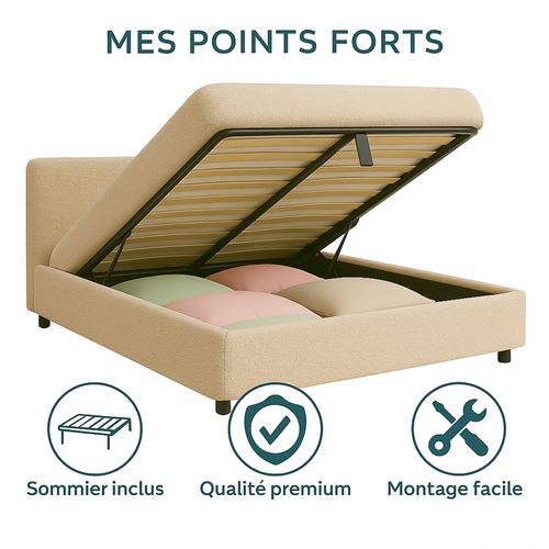 Lit Coffre 200x200cm Tissu Bouclette Sable - Espace De Rangement XXL - Sommier + Tête De Lit