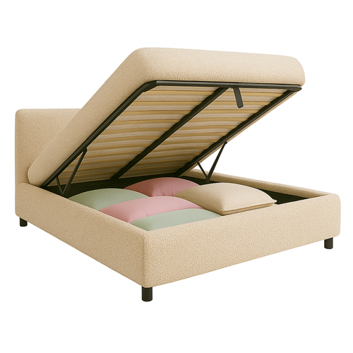 Lit Coffre 200x200cm Tissu Bouclette Sable - Espace De Rangement XXL - Sommier + Tête De Lit