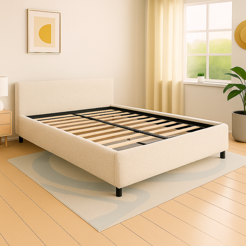 Lit Coffre 90x190cm Tissu Bouclette Sable - Espace De Rangement XXL - Sommier + Tête De Lit