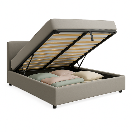 Lit Coffre 180x200cm Tissu Bouclette Gris - Espace De Rangement XXL - Sommier + Tête De Lit