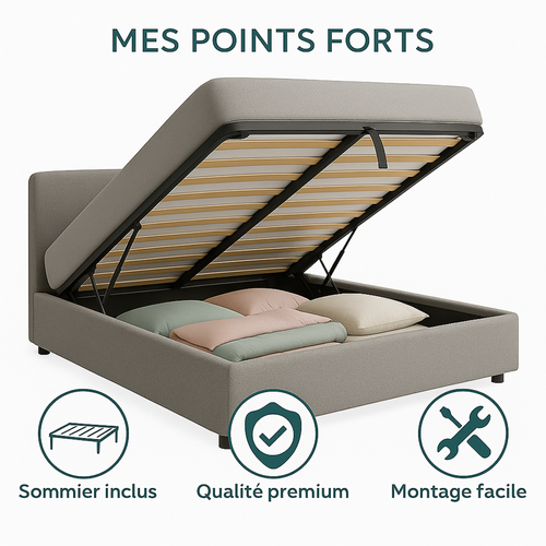 Lit Coffre 200x200cm Tissu Bouclette Gris - Espace De Rangement XXL - Sommier + Tête De Lit