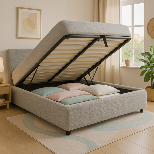 Lit Coffre 200x200cm Tissu Bouclette Gris - Espace De Rangement XXL - Sommier + Tête De Lit