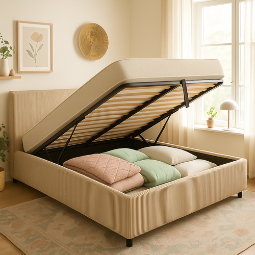 Lit Coffre 140x190cm Velours Cotelé Beige - Espace De Rangement XXL - Sommier + Tête De Lit