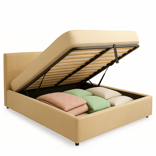 Lit Coffre 140x190cm Velours Cotelé Beige - Espace De Rangement XXL - Sommier + Tête De Lit