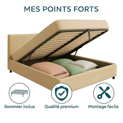 Lit Coffre 180x200cm Velours Cotelé Beige - Espace De Rangement XXL - Sommier + Tête De Lit