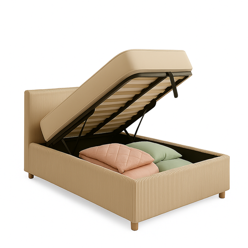 Lit Coffre 180x200cm Velours Cotelé Beige - Espace De Rangement XXL - Sommier + Tête De Lit