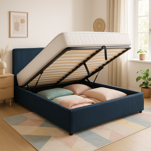 Lit Coffre 140x190cm Velours Cotelé Bleu - Espace De Rangement XXL - Sommier + Tête De Lit