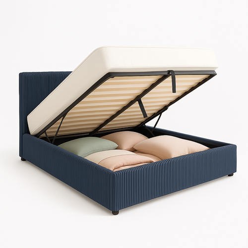 Lit Coffre 140x190cm Velours Cotelé Bleu - Espace De Rangement XXL - Sommier + Tête De Lit