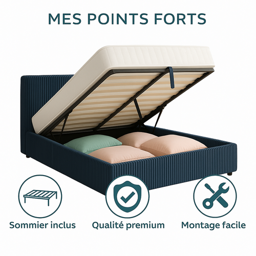 Lit Coffre 90x190cm Velours Cotelé Bleu - Espace De Rangement XXL - Sommier + Tête De Lit