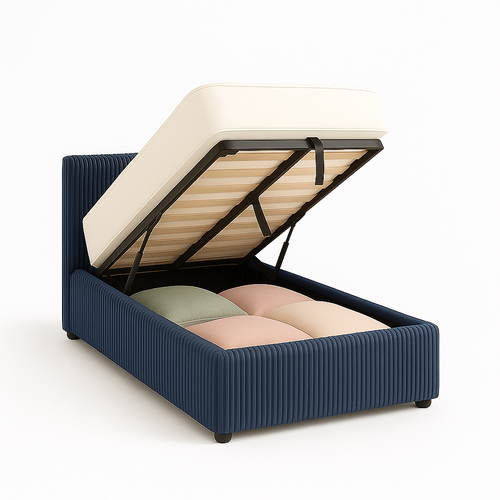 Lit Coffre 90x190cm Velours Cotelé Bleu - Espace De Rangement XXL - Sommier + Tête De Lit