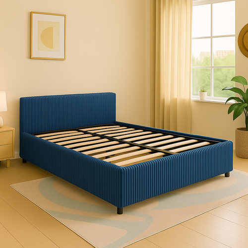 Lit Coffre 90x190cm Velours Cotelé Bleu - Espace De Rangement XXL - Sommier + Tête De Lit