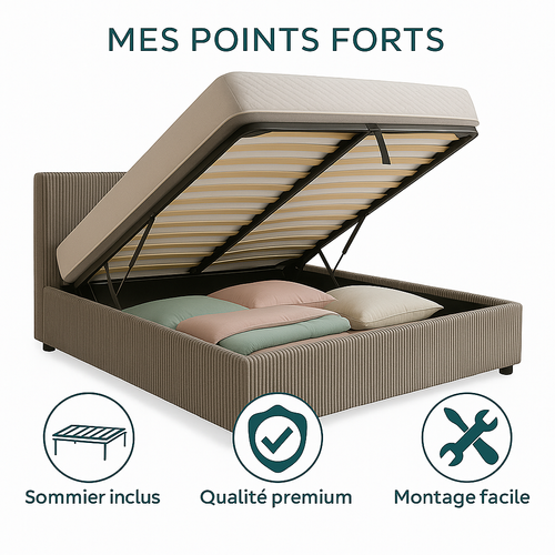 Lit Coffre 140x190cm Velours Cotelé Gris - Espace De Rangement XXL - Sommier + Tête De Lit