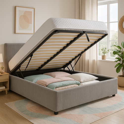 Lit Coffre 140x190cm Velours Cotelé Gris - Espace De Rangement XXL - Sommier + Tête De Lit