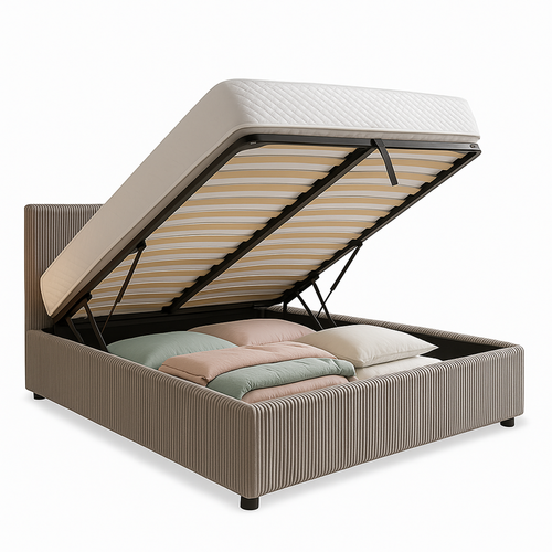 Lit Coffre 140x190cm Velours Cotelé Gris - Espace De Rangement XXL - Sommier + Tête De Lit