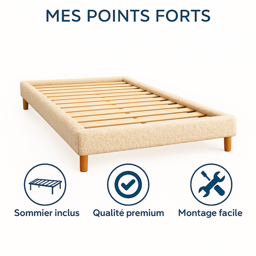 Lit Traditionnel 140x190 Cm Tissu Bouclette Sable - Montage Rapide - Sommier Inclus